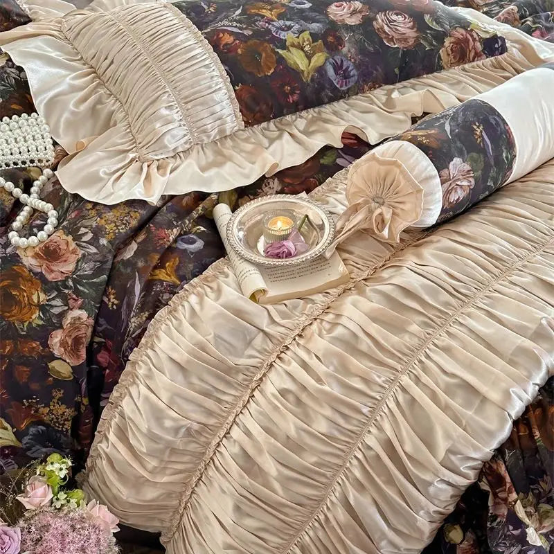 Afralia™ Vintage French Flowers Lace Ruffles Egyptian Cotton Bedding Set
