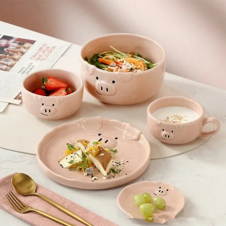 Afralia™ Pink Pig Ceramic Breakfast Plate Set | European Cute Nordic Kitchen Dishes