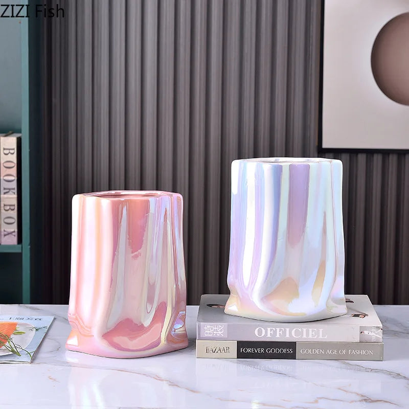 Afralia™ Gold Plated Pleated Texture Ceramic Vase for Desk Decor and Flower Arrangements