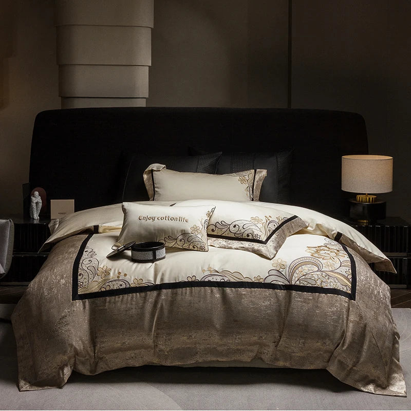 Afralia™ Luxury Jacquard Cotton Embroidery Bedding Set: 1 Duvet, 1 Sheet, 2 Pillowcases