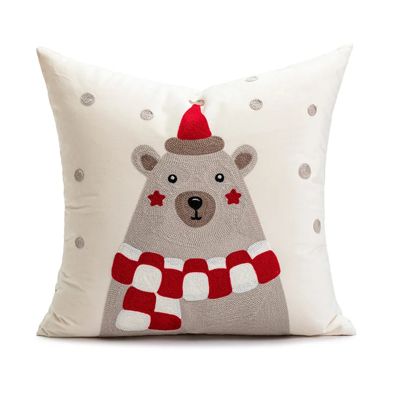 Embroidered Joy Bear Cushion Cover by Afralia™ - Red Festive Pillow Case