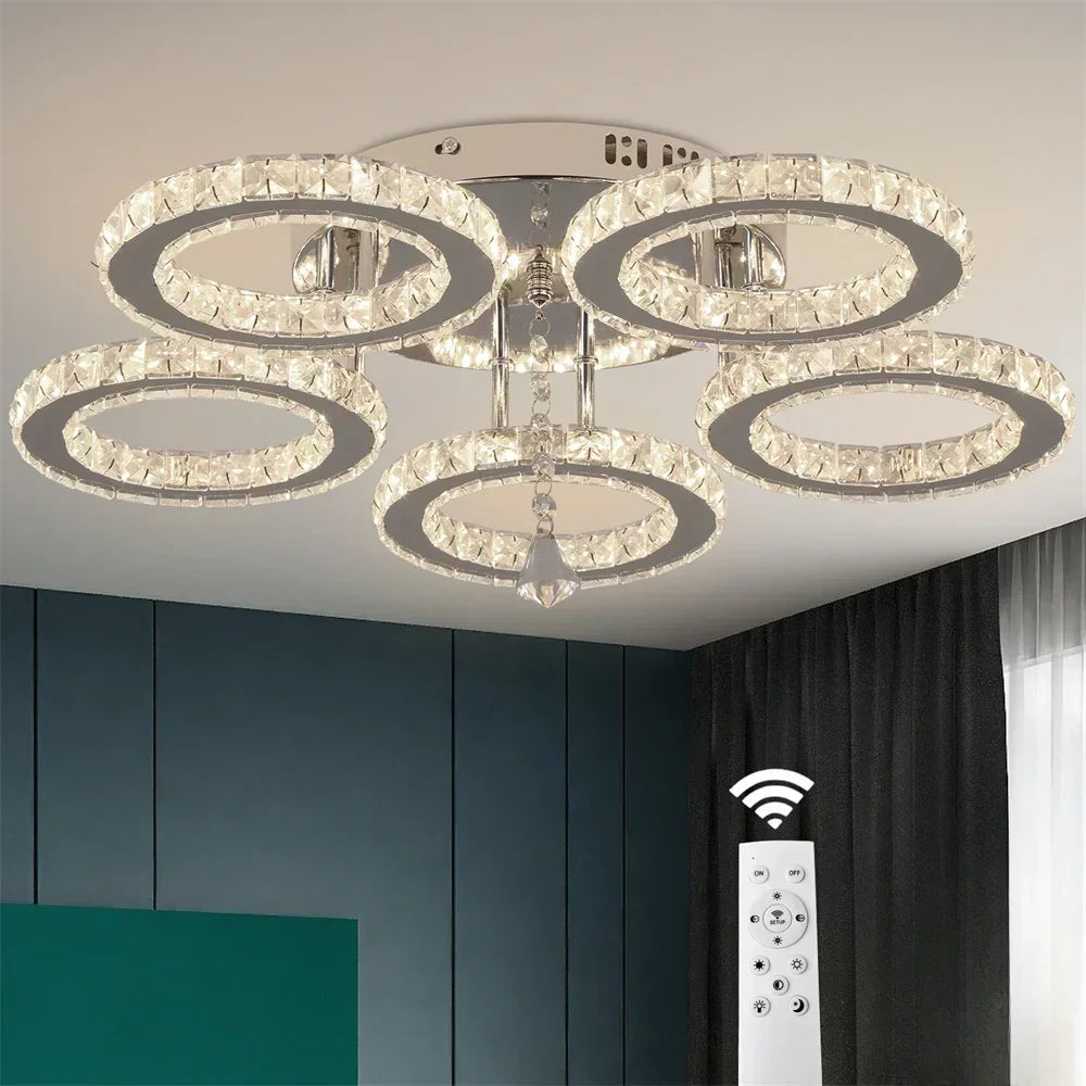 Afralia™ Rings Crystal Chandelier - Dimmable Ceiling Light Fixture for Bedroom & Living Room
