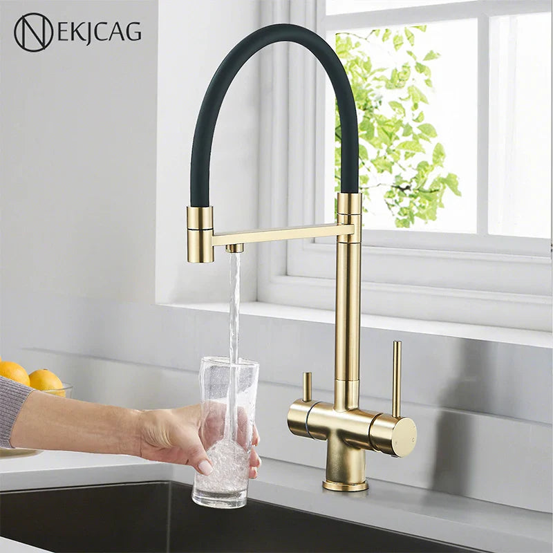 Afralia™ Brushed Gold 360 Rotate Pull Out Kitchen Filter Faucet with Dual Handle