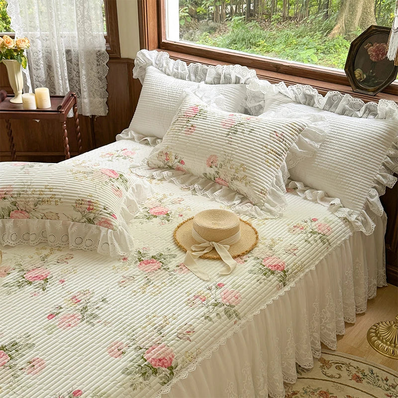 Afralia™ Lace Ruffles Bed Skirt Set with Pillowcases for 1.2-2M Beds