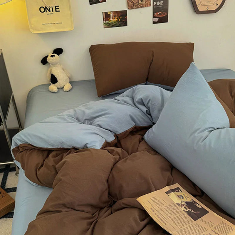 Afralia™ Two-Tone Washed Cotton Bedding Set Soft Duvet Cover for Student Dorm Home