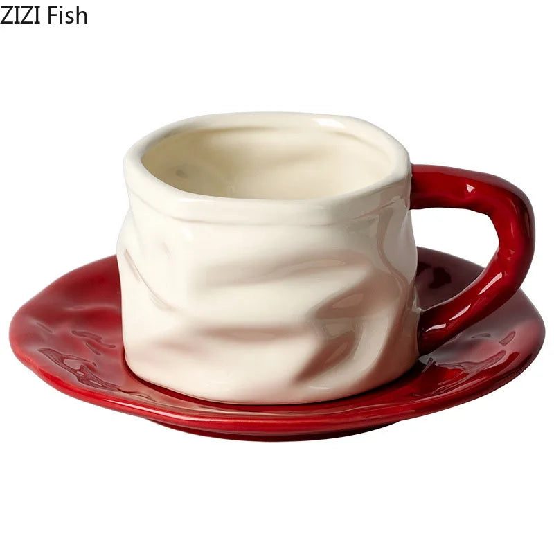 Afralia™ Pleated Paper Ceramic Cup&saucer Set - Elegant Dining Coffee Mug Tea Cup Juice Container