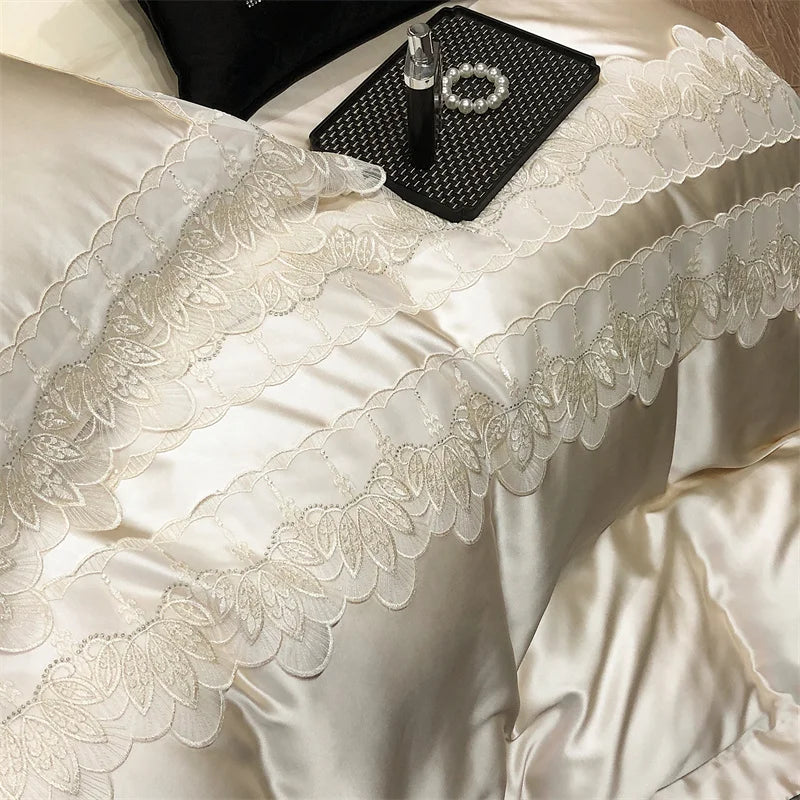 Afralia™ Lace Patchwork Silk Cotton Luxury Bedding Set Queen King Size