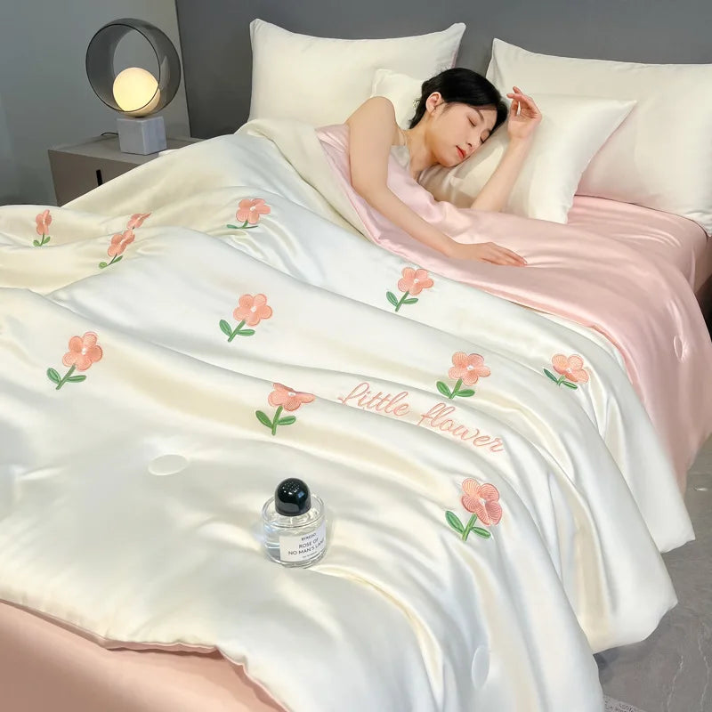 Afralia™ Washed Silk Embroidered Quilt Set Queen, Cooling Summer Blanket