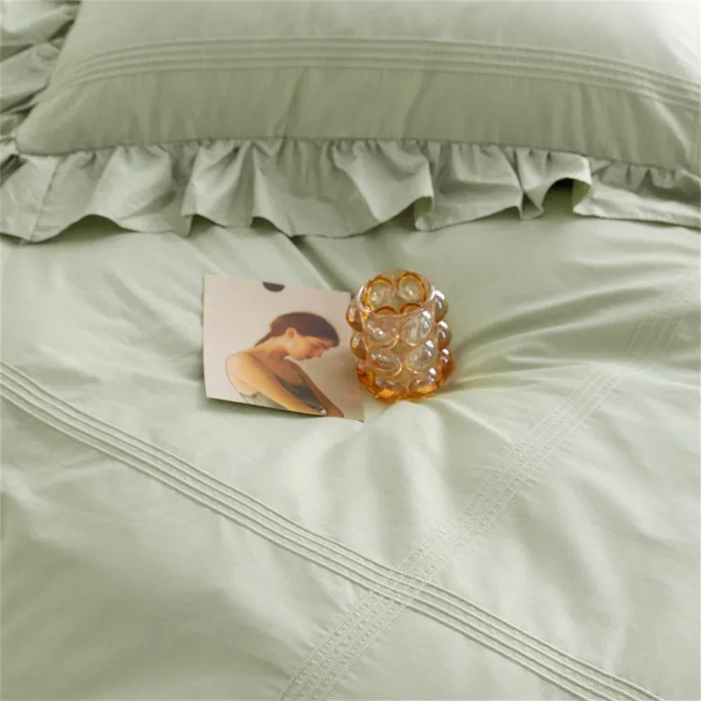 Afralia™ Light Green Flounce 600TC Egyptian Cotton Bedding Set - Queen/King Size