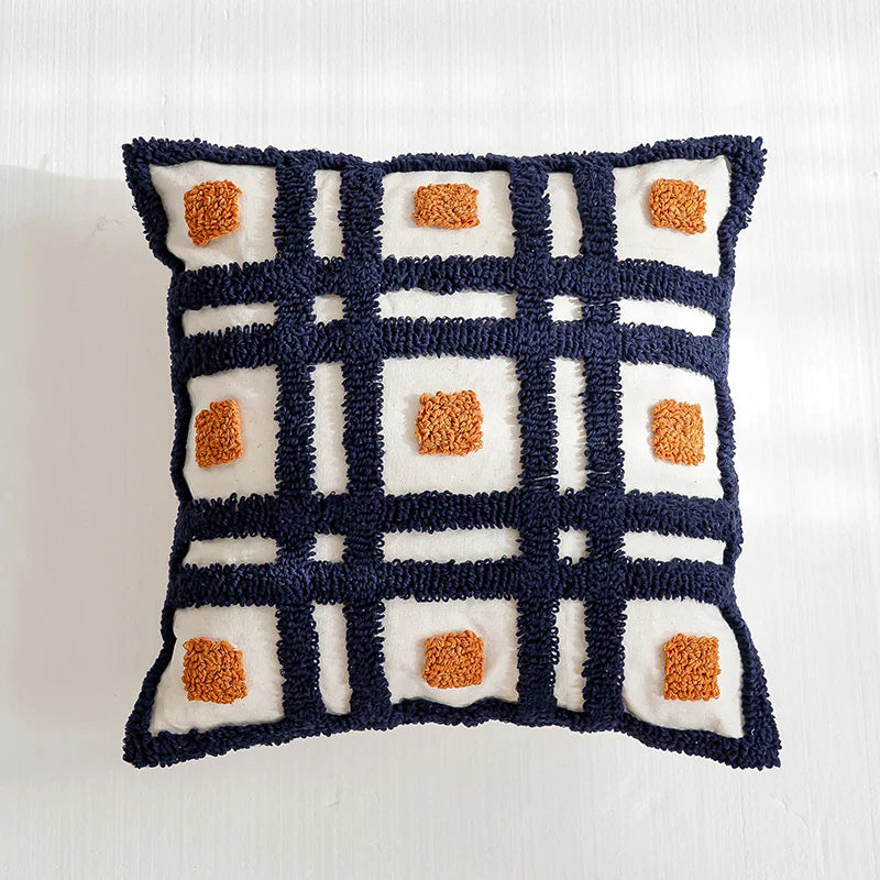 Afralia™ Boho Tufted Pillow Cover Navy Burnt Orange 45x45cm Square for Home Decoration