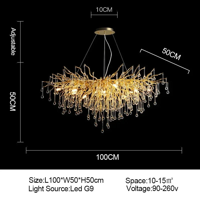 Afralia™ Branch-shaped Golden Crystal Chandelier for Villa Bedroom and Living Room