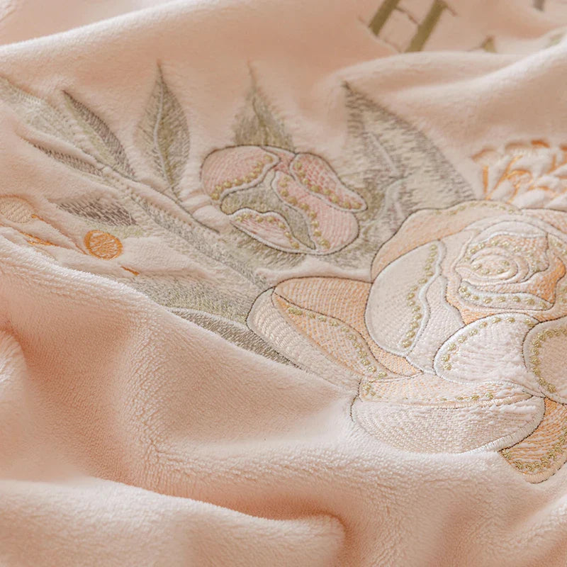 Afralia™ Pink Flowers Princess Bedding Set with Embroidery Ruffles in Milk Velvet
