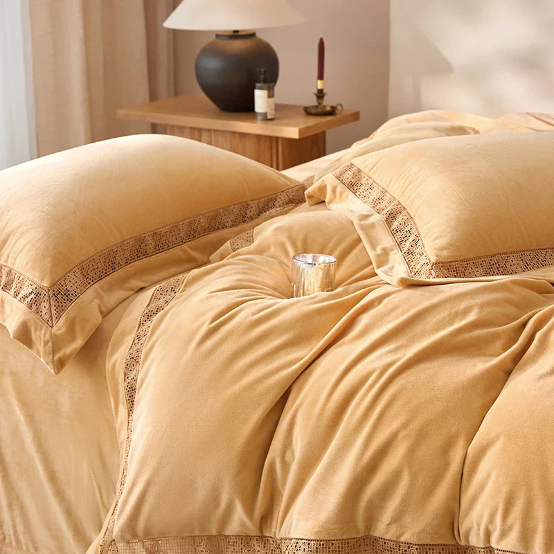 Luxury Gold Velvet Lace Duvet Bedding Set by Afralia™, Cozy Furry Winter Collection