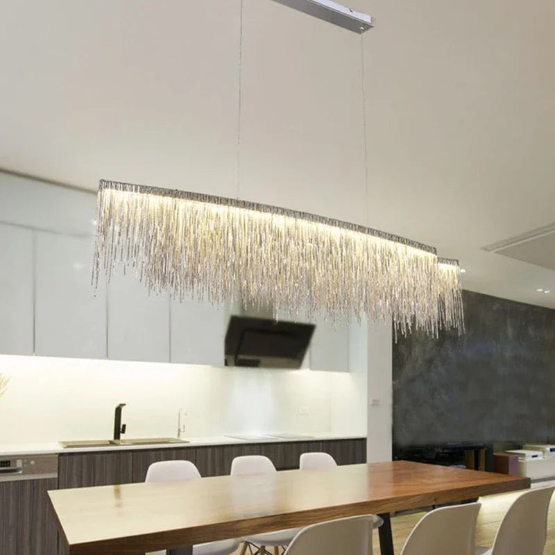 Afralia™ Gold Chain Chandelier Pendant Light w/ Remote, Modern Tassel Design for Kitchen & Living Room