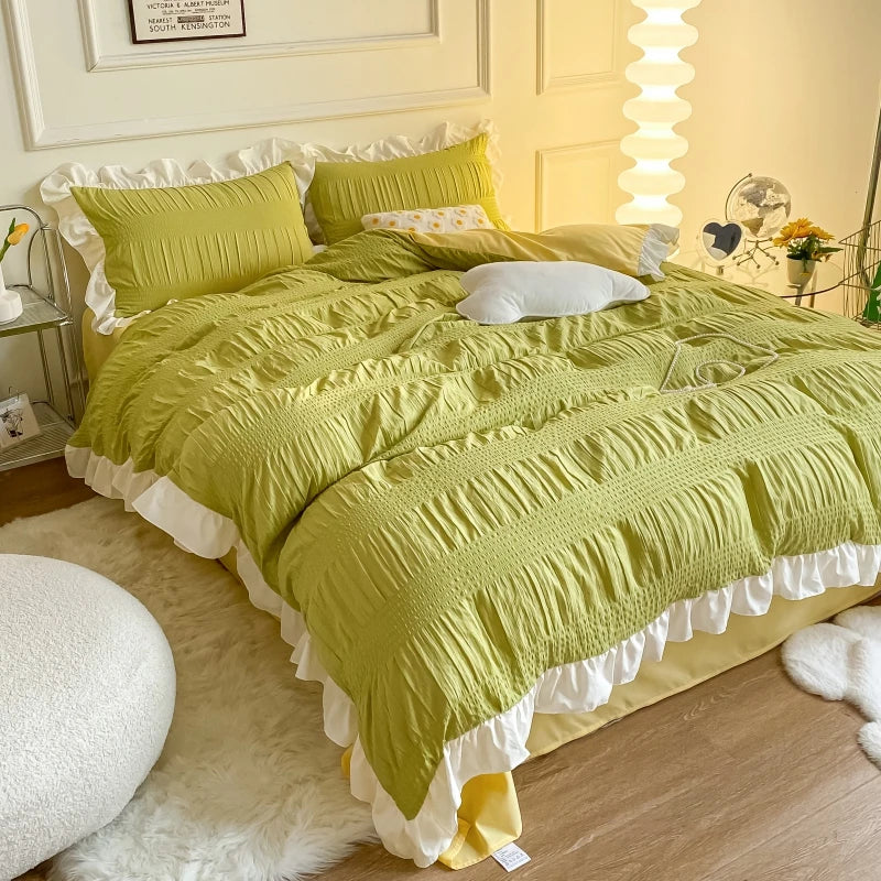 Afralia™ Seersucker Ruffled Duvet Cover Set - Soft Green Pink Grey Bedding