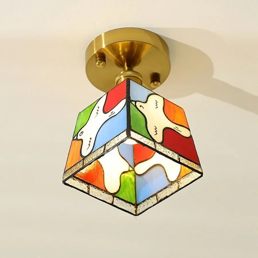 Afralia™ Tiffany Cube Glass LED Ceiling Lamp Copper Canopy Flush Mount Light