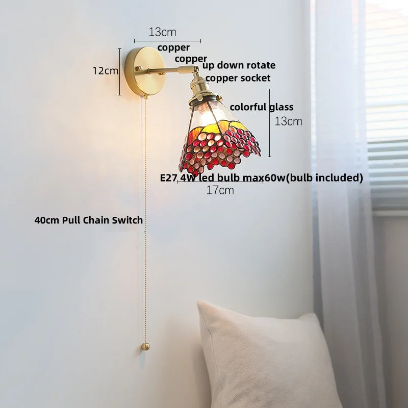 Afralia™ Glass LED Wall Light Tiffany Style Sconce, Pull Chain Switch, Colorful Design