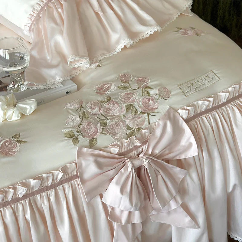 Afralia™ French Bow Ruffle Flower Embroidery Bedding Set - Luxury Lyocell Cotton