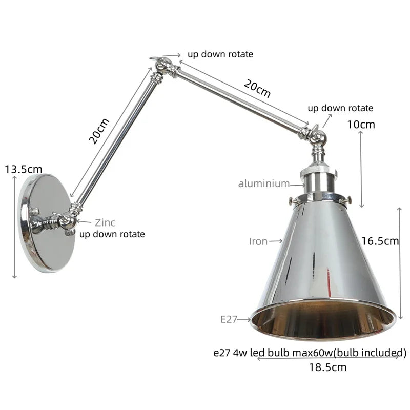 Afralia™ Industrial Lens Vintage Loft LED Wall Lamp with Swing Arms & Pull Chain Switch