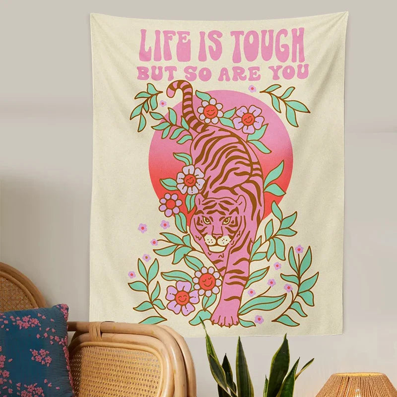 Afralia™ Tiger Moon Pink Flower Tapestry, Boho Wall Hanging for Aesthetic Home Decor