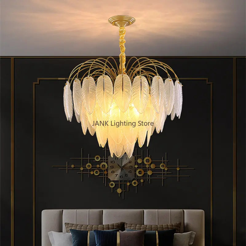 Afralia™ Modern French Feather Glass Chandelier, LED Pendant Light for Living Room, Bedroom, Restaurant