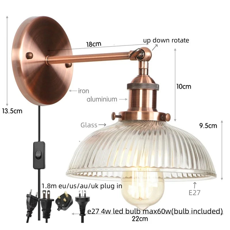 Afralia™ Vintage Industrial Glass Wall Sconce LED Light Fixture with Pull Chain Switch
