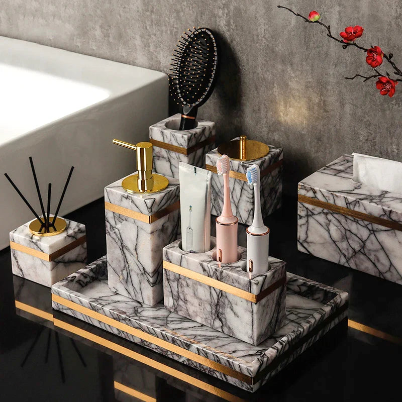 Afralia™ Lilac Marble Bathroom Set: Soap Dispenser, Toothbrush Holder, Soap Dish Tray.