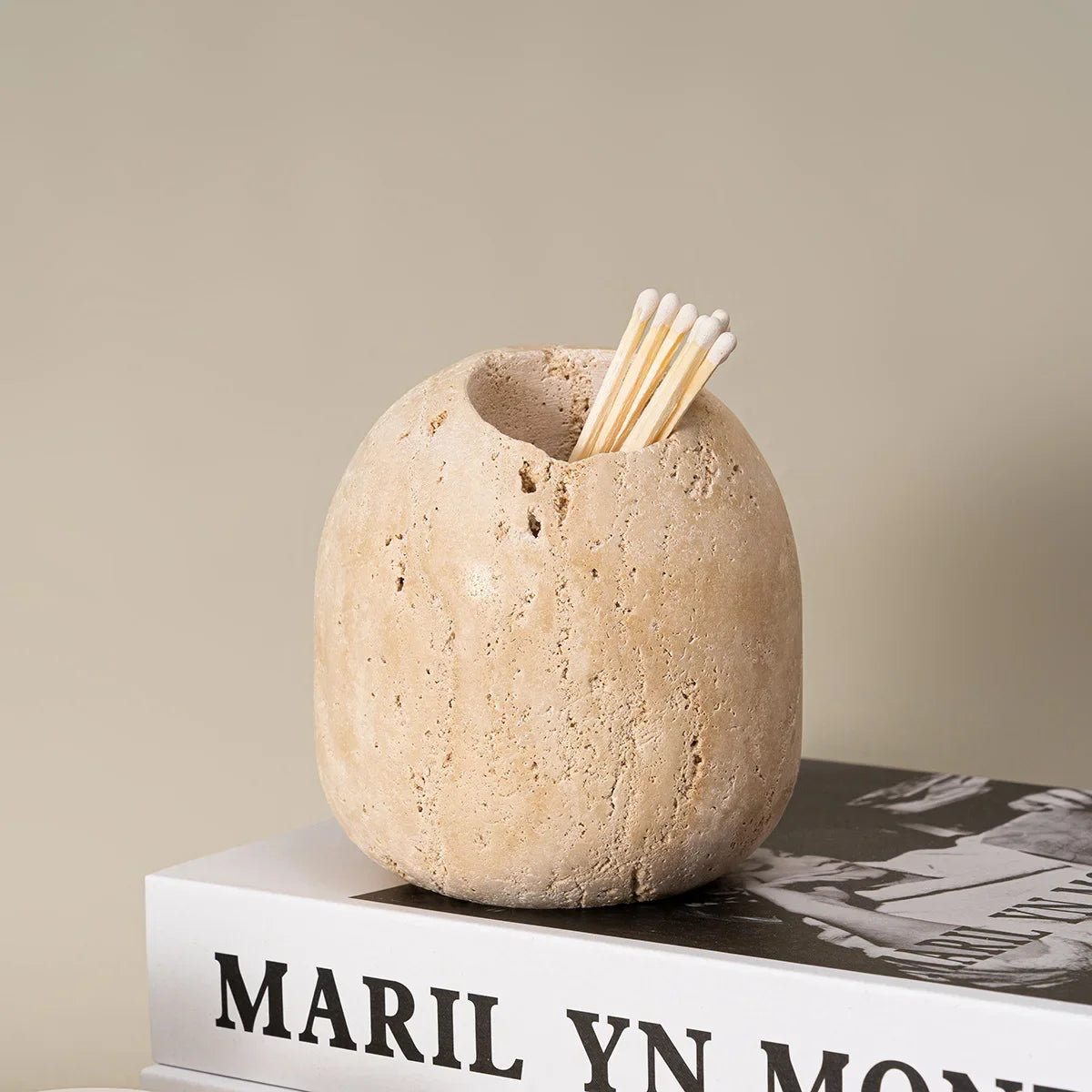 Afralia™ Beige Travertine Match Holder - Vintage Marble Toothpick Holder & Home Decor
