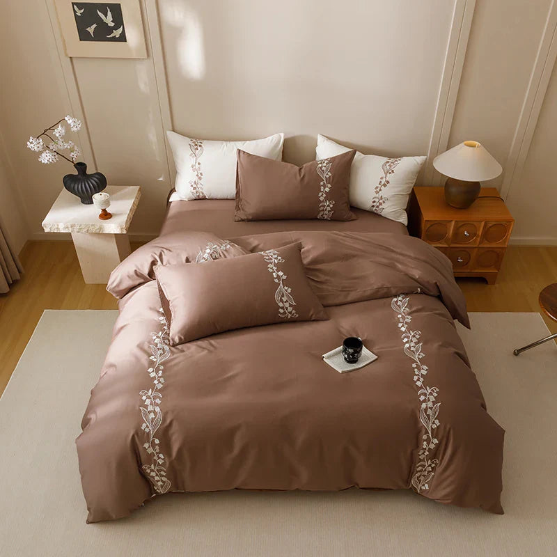 Afralia™ Elegant Lily of the Valley Embroidery Brown Cotton Bedding Set