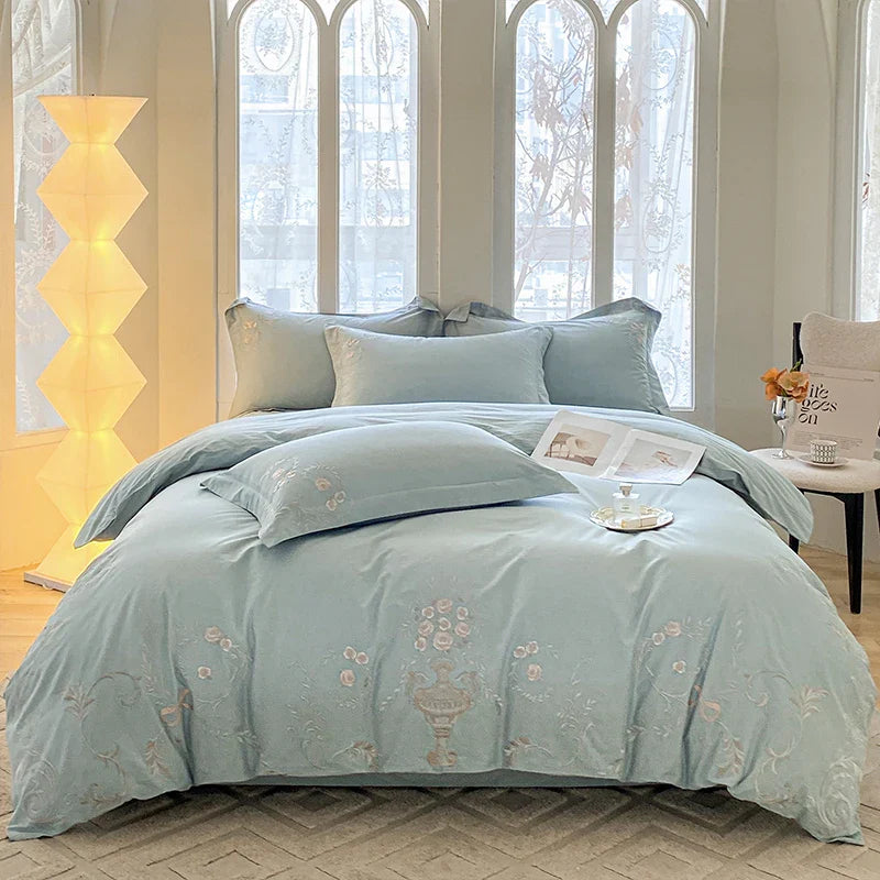 Afralia™ European Palace Style Flowers Embroidery Cotton Luxury Bedding Set with Duvet Cover, Sheets, Pillowcase