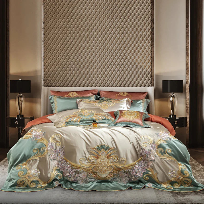 Afralia™ Vintage Flowers & Gold Embroidery Bedding Set - 4/6/9Pcs Egyptian Cotton Duvet Cover, Sheet & Pillowcases