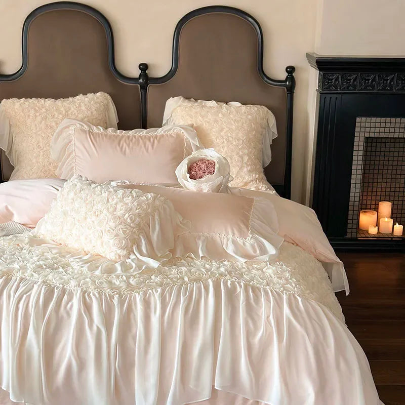 Afralia™ Rose Lace Bedding Set: Romantic Princess Wedding Duvet Cover Bed Sheet Pillowcases