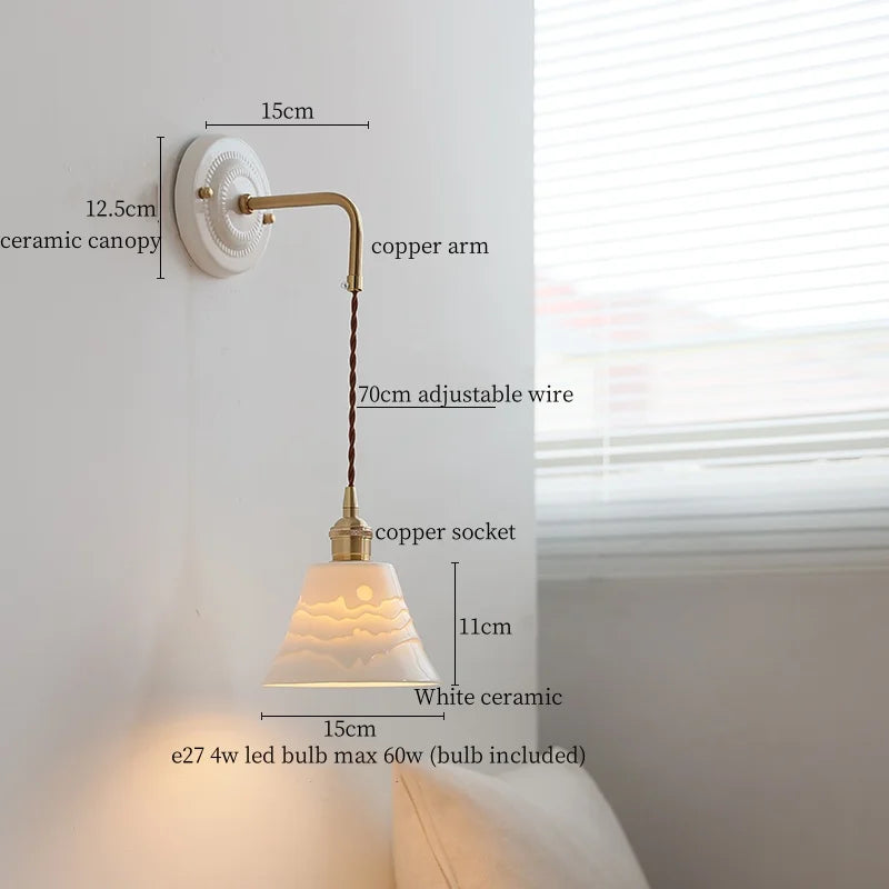 Afralia™ Ceramic Wall Sconce with Copper Arm | Pull Chain Switch LED Bedroom Lamp