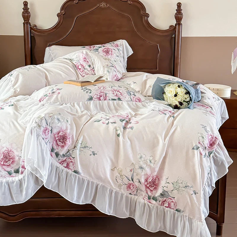 Afralia™ French Flowers Lace Ruffles Princess Bedding Set with Bed Sheet Pillowcases