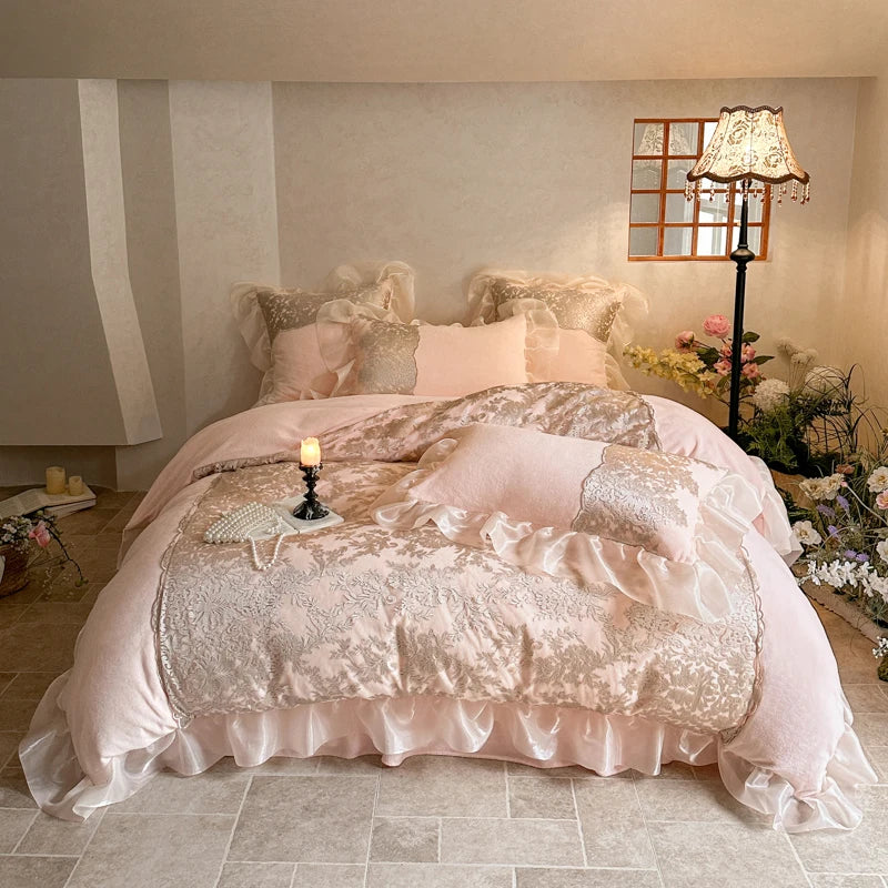 Afralia™ French Lace Ruffles Princess Bedding Set with Warm Milk Velvet Duvet Cover