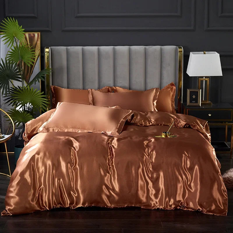 Afralia™ Nordic Faux Silk Solid Color Bedding Sets for Queen/King Bed Home Décor