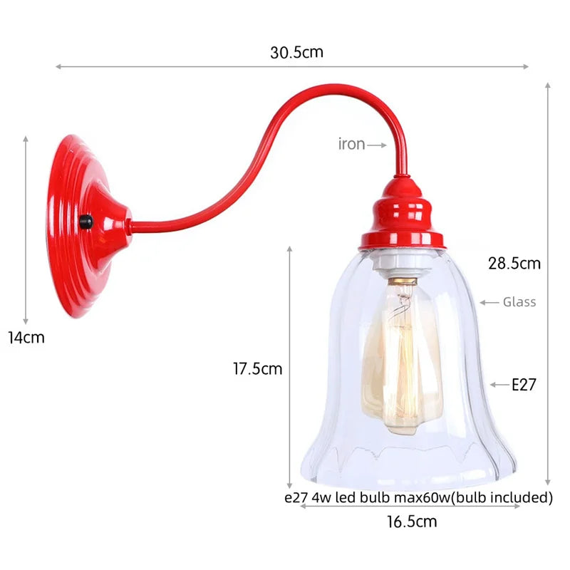 Afralia™ Vintage Loft LED Wall Lamp Red Clear Glass Stair Light