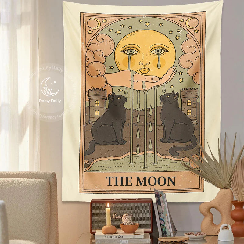 Moon Cat Tarot Wall Hanging - Afralia™ Mystical Room Decor