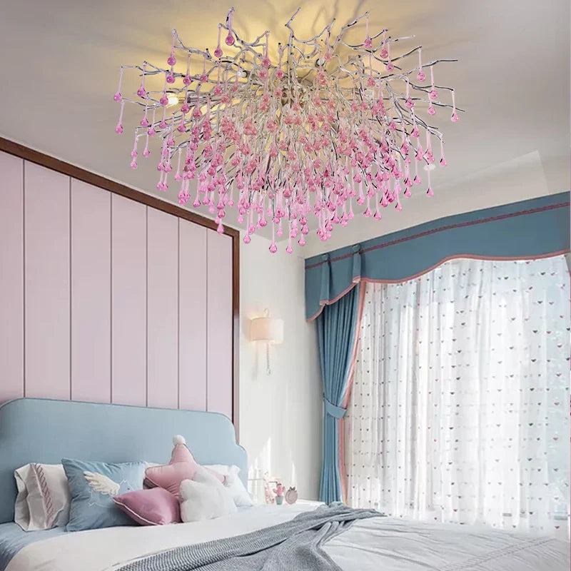 Afralia™ Kids' Pink Crystal Chandelier: Colorful Chrome Ceiling Light for Girls' Bedroom