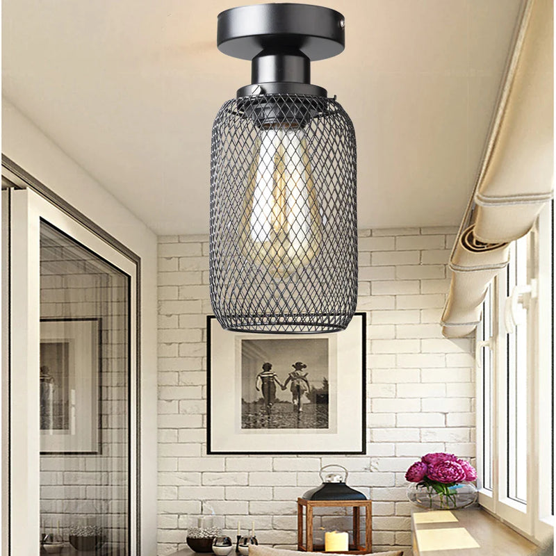 Afralia™ Black Metal Cage Farmhouse Ceiling Light, E27 Base for Hallway, Porch, Bedroom