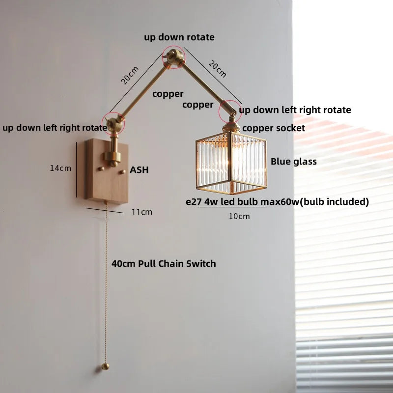 Afralia™ Ash Wood LED Swing Arm Wall Light with Pull Chain Switch & Blue Glass