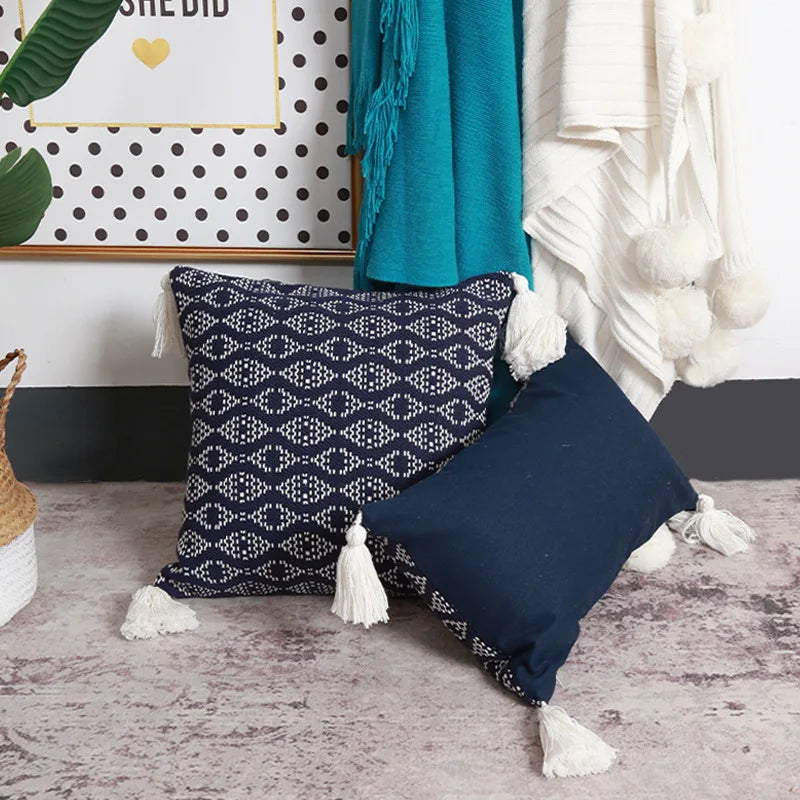 Afralia™ Navy Weave Crochet Tassel Cushion Cover: Decorative Sofa Pillow Cases