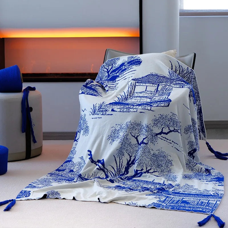 Afralia™ Blue Knitted Sofa Blanket for All Seasons at Home