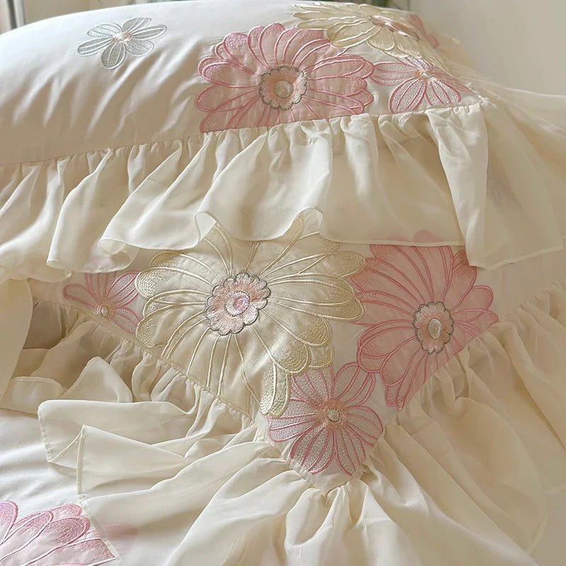 Afralia™ Romantic Flowers Lace Ruffles Princess Bedding Set, 1200TC Egyptian Cotton, Duvet Cover, Bed Sheet, Pillowcases
