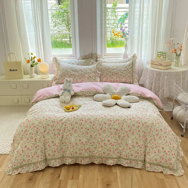Afralia™ Princess Floral Cotton Bedding Set with Ruffled Edge