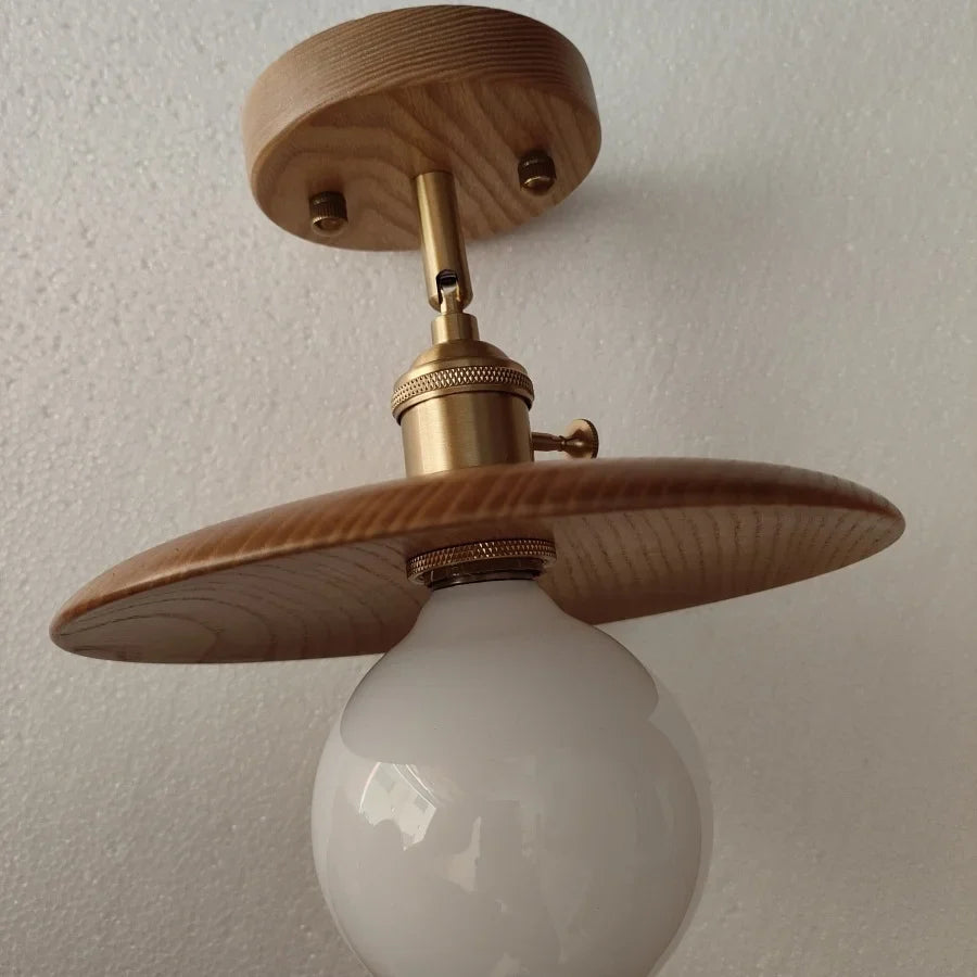 Afralia™ Retro Wood LED Ceiling Light Fixture Copper Rotate Luminaire