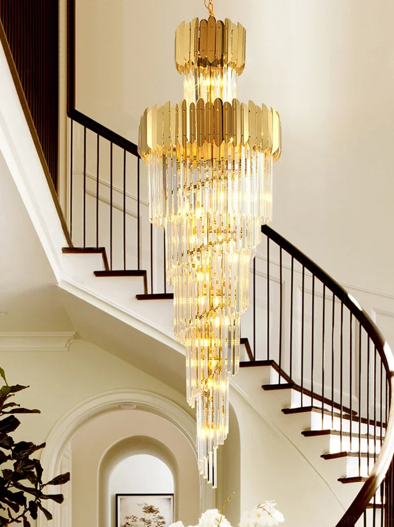 Afralia™ Golden Luxury Hotel Lobby Crystal Chandelier for Multi-Story Staircase Lighting