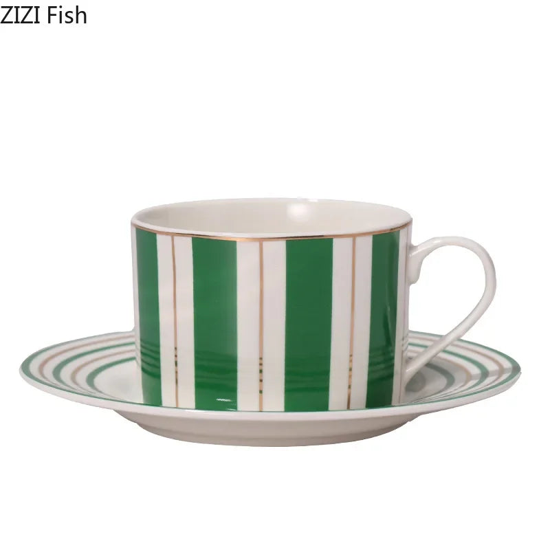 Afralia™ Striped Ceramic Cup & Saucer Set for Tea & Coffee - 250ml