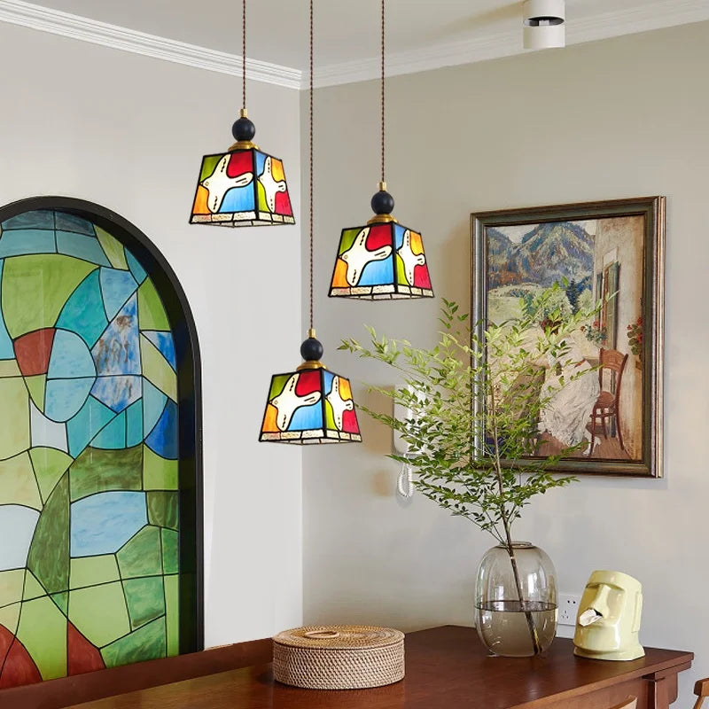 Afralia™ Peace Dove Glass Pendant Light Fixture Wood Copper Tiffany Style LED Hanging Lamp