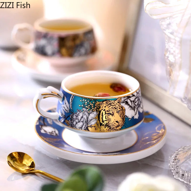 Afralia™ Tiger Pattern Porcelain Cup & Saucer Set - Exquisite Coffee Mug